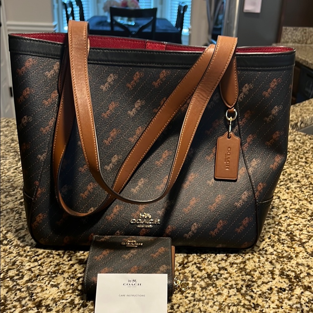 Coach Black and Brown Signature Tote with Leather Trim Toye Bag and wallet